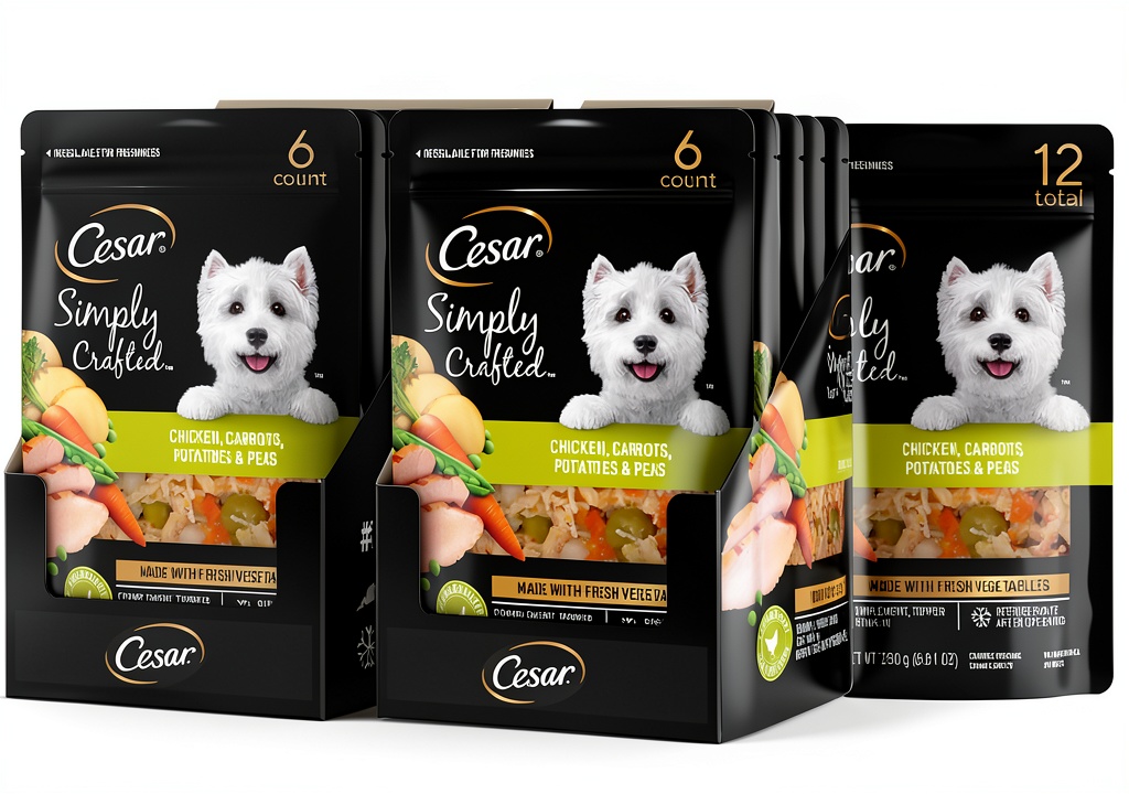 Cesar Simply Crafted dog food topper in packaging with ingredients displayed