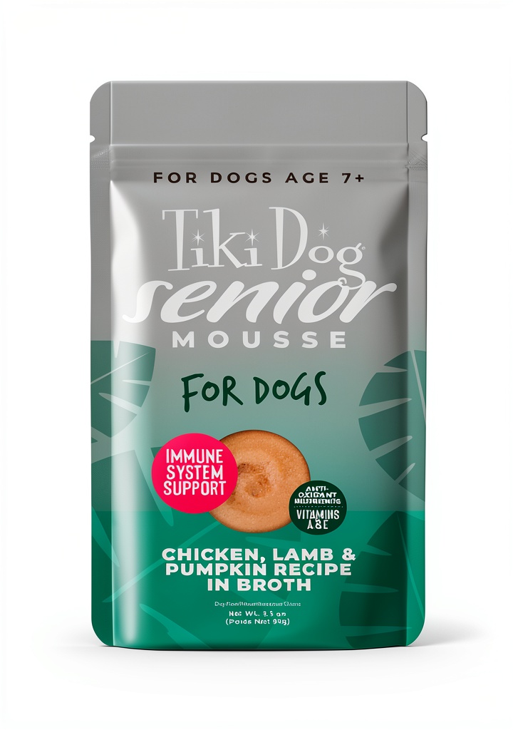 Tiki Dog senior dog food pouch showing smooth mousse texture