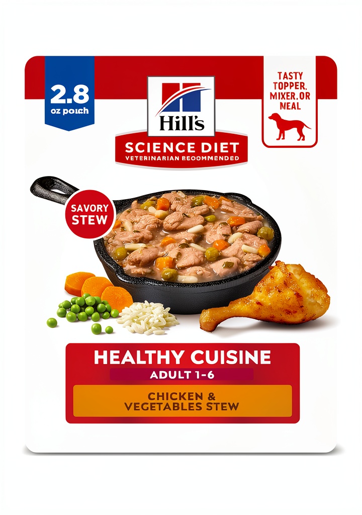 Hills Science Diet Adult Dog Food pouch on a kitchen counter