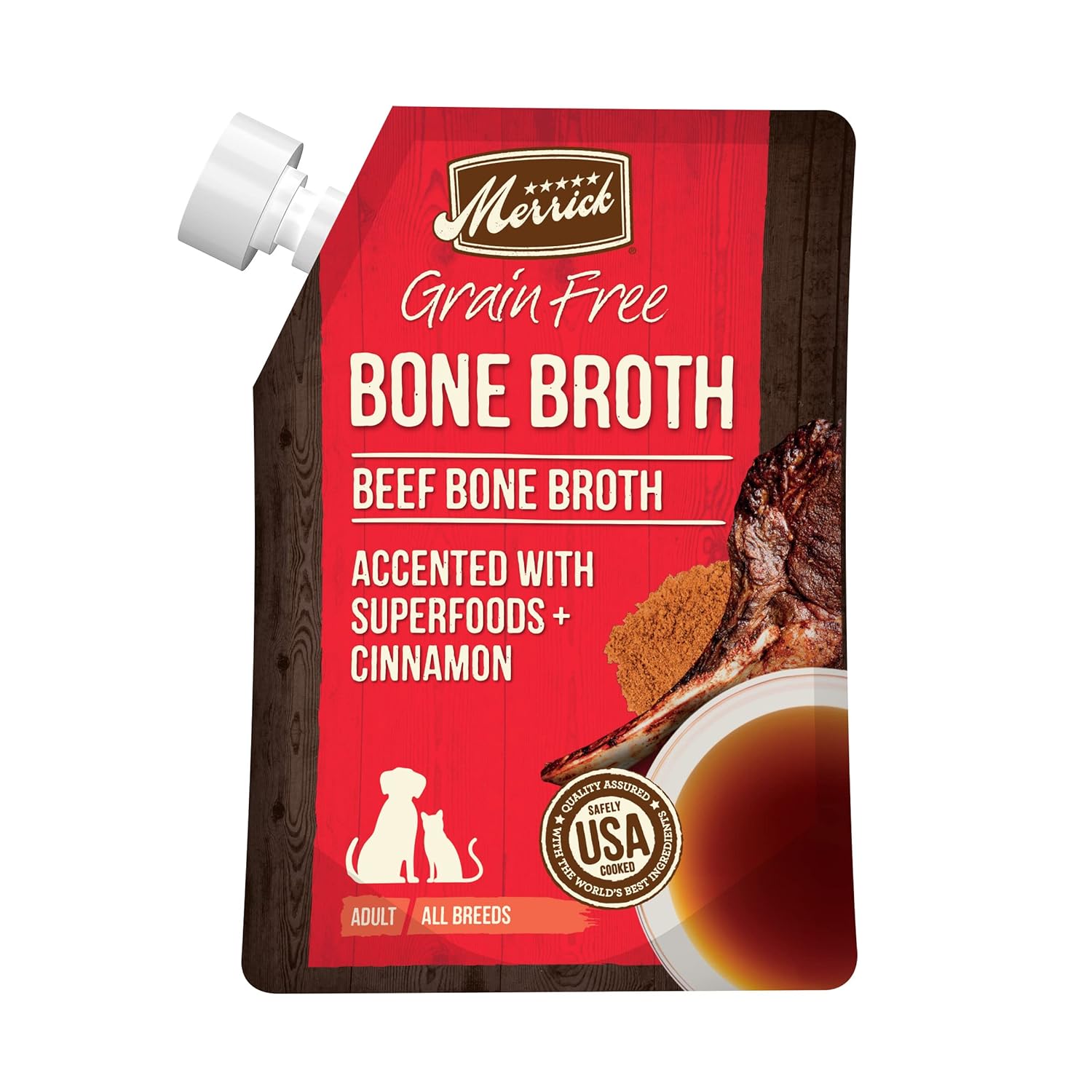 Merrick Beef Bone Broth pouch displayed with ingredients