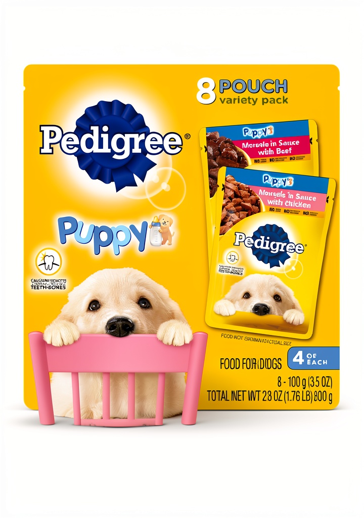 'Mars Puppy Wet Food pouch displayed on a kitchen counter'