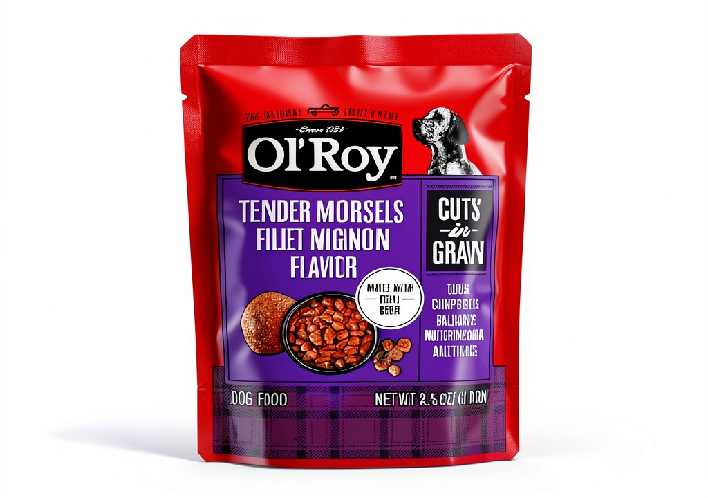 Ol Roy wet dog food pouches variety pack displayed on a kitchen counter