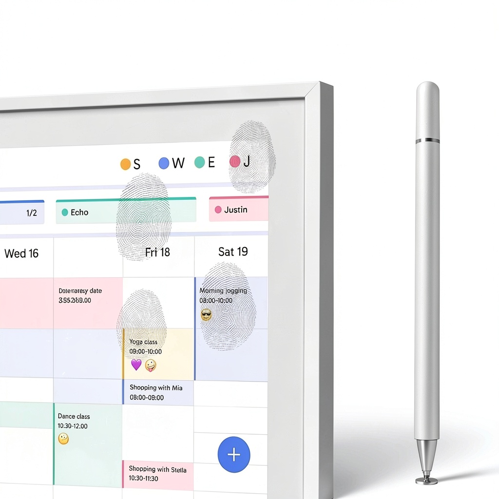 Skylight 15 stylus pen and clip mount attached to calendar