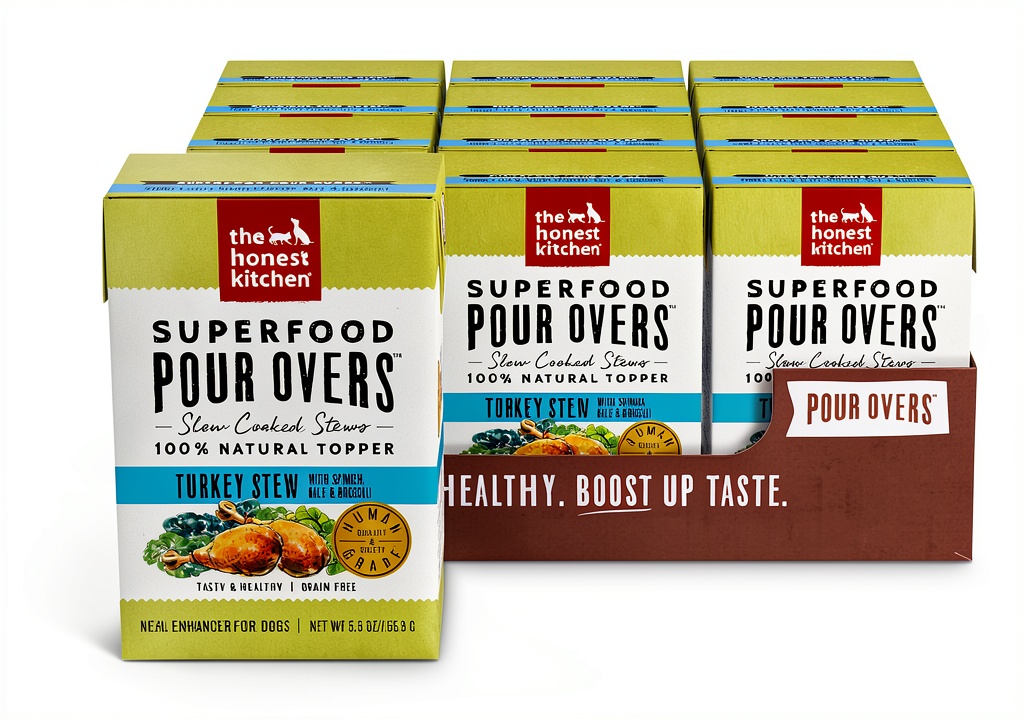 'Honest Kitchen wet dog food pouch with cage-free turkey and vegetables'