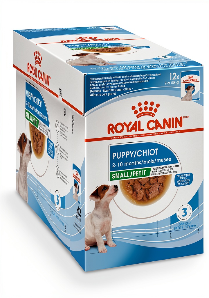 Royal Canin Small Breed Puppy Wet Dog Food pouch with ingredients visible