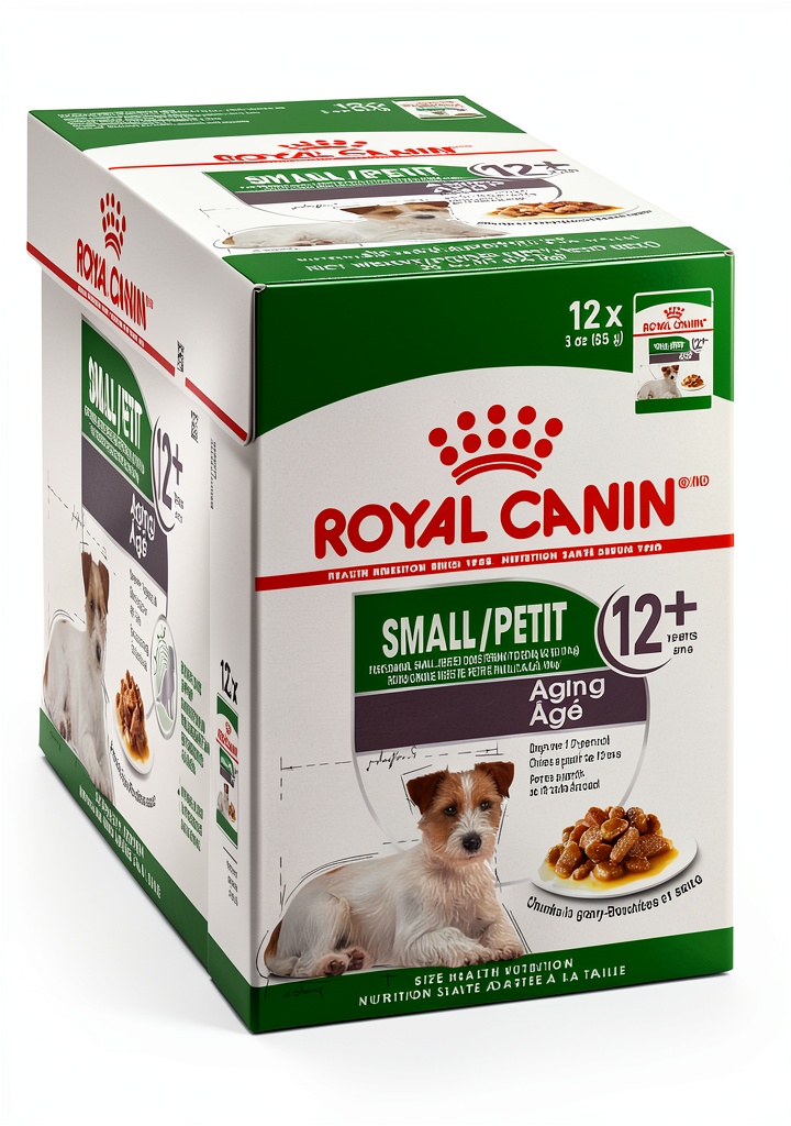 'Royal Canin Small Breed Aging Wet Dog Food pouch on a feeding bowl'
