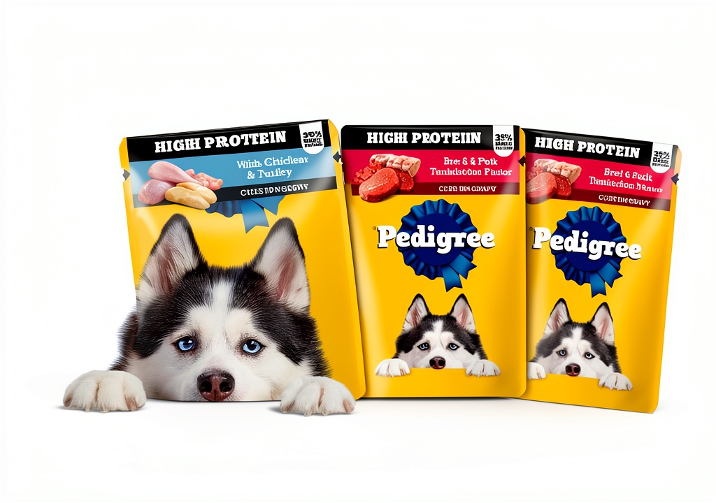Pedigree wet dog food pouch being served to a dog