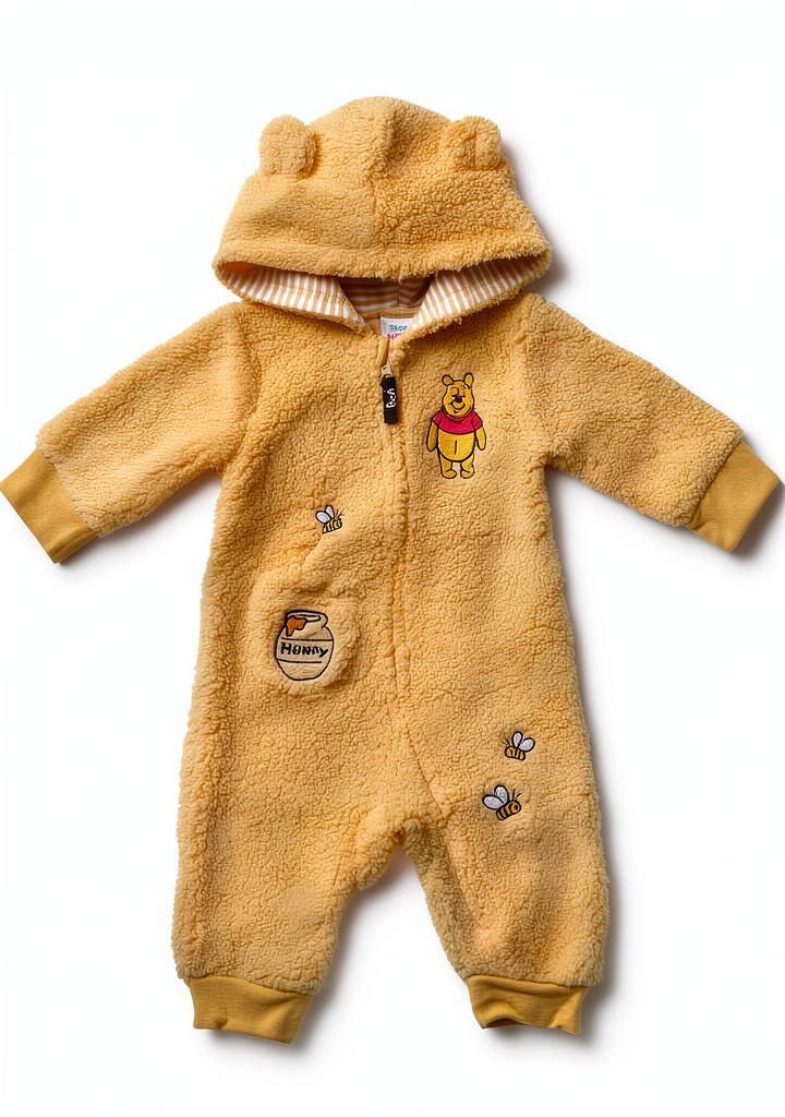 Baby wearing Disney Winnie the Pooh romper playing on a soft rug