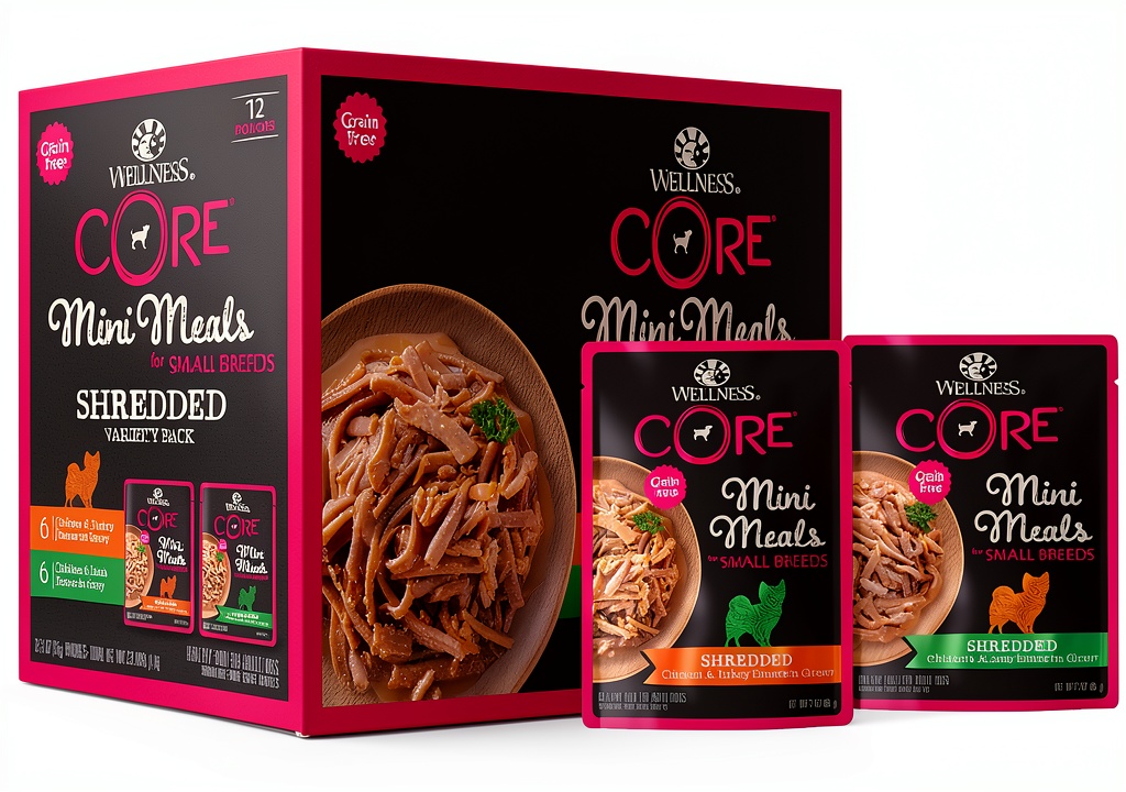 Wellness wet dog food pouch opened on a kitchen counter