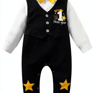 Baby Boy New Year Romper Black 0-3 to 12-18 Months Soft Outfit-0