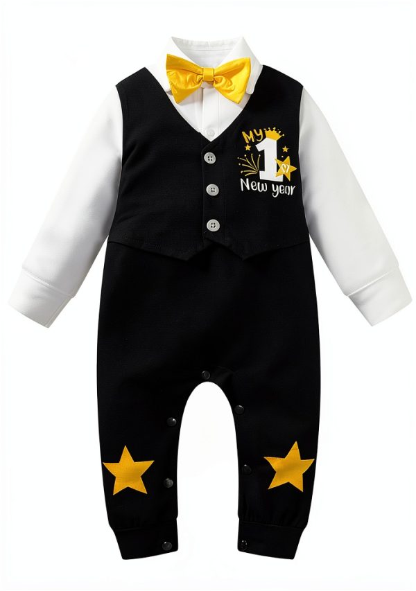 Baby Boy New Year Romper Black 0-3 to 12-18 Months Soft Outfit-0