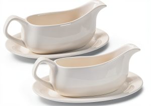 Gravy Boat with Saucer 19 oz Ceramic Set of 2 by Dizada Classic White-0