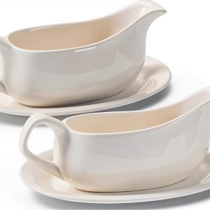 Gravy Boat with Saucer 19 oz Ceramic Set of 2 by Dizada Classic White-0