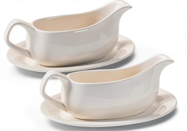 Gravy Boat with Saucer 19 oz Ceramic Set of 2 by Dizada Classic White-0