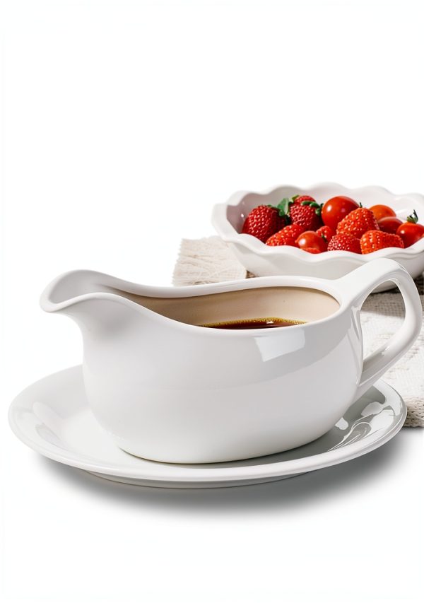 Gravy Boat with Saucer 19 oz Ceramic Set of 2 by Dizada Classic White-6