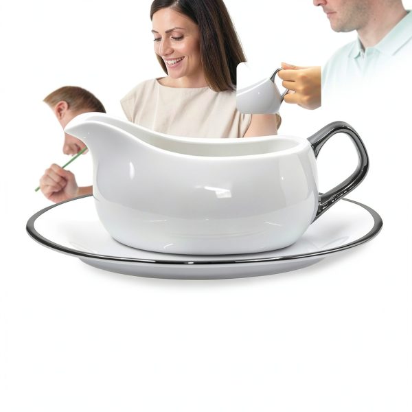 14 oz Gravy Boat with Tray and Trim, Ceramic Sauce Boat with Silver Trim Ergonomic Handle and Dripless Lip Spout for Salad Dressings-2