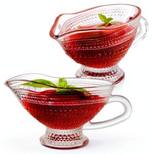 ZOOFOX 2 Pack 12 oz Glass Gravy Boat, Crystal Gravy Bowl with Easy-Pour Spout and Handle, Vintage Embossed Serving Dish for Sauces, Dressings, Creamer, Thanksgiving, Christmas or Holiday Dinner-0