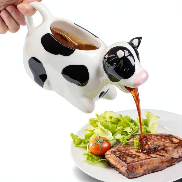 Ceramic Gravy Boat,11oz/300ml Gravy Boat Milk Cow Sauce Jug with Smooth Handle - Perfect for Serving Jars of Salad Dressing, Broth, Cream, Milk for Thanksgiving, Halloween, Christmas (White）-0
