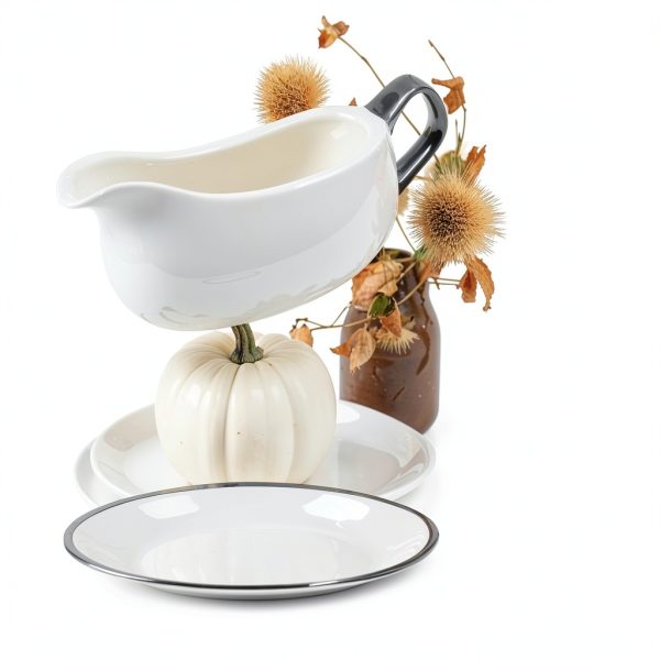 14 oz Gravy Boat with Tray and Trim, Ceramic Sauce Boat with Silver Trim Ergonomic Handle and Dripless Lip Spout for Salad Dressings-1