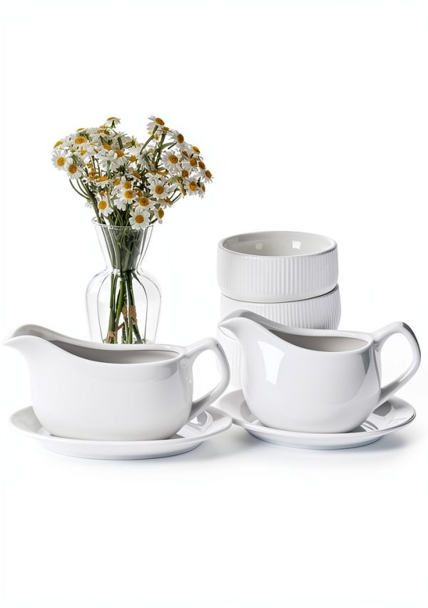 Gravy Boat with Saucer 19 oz Ceramic Set of 2 by Dizada Classic White-3