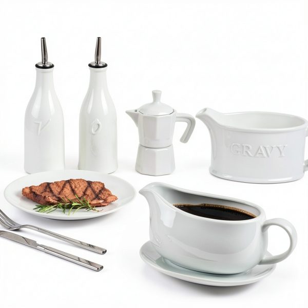 Gravy Boat 25 oz White Porcelain Set with Saucer Stand by Buyajuju-1