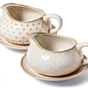 Gravy Boat LE TAUCI 24oz Ceramic Sauce Boat with Saucer Arctic White-0