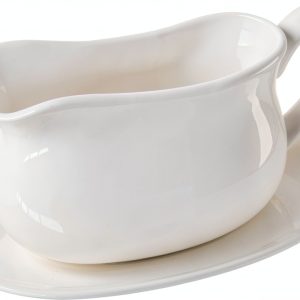 Gravy Boat 17oz Ceramic with Saucer Stand by Qlans - Ergonomic Handle-0
